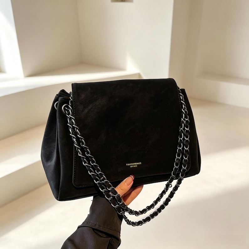 May include: A black handbag with a soft matte texture, featuring a fold-over flap and a dual-chain shoulder strap woven with black material. The front of the flap displays small gold-toned lettering that reads FASHION&BAGS LEATHER.