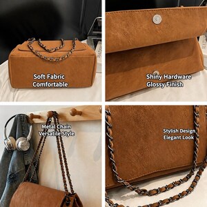 May include: A tan shoulder bag with a soft fabric texture, featuring a dark metal chain strap woven with matching tan material. The bag includes a magnetic snap closure with shiny hardware and a flap top design, shown in multiple views.