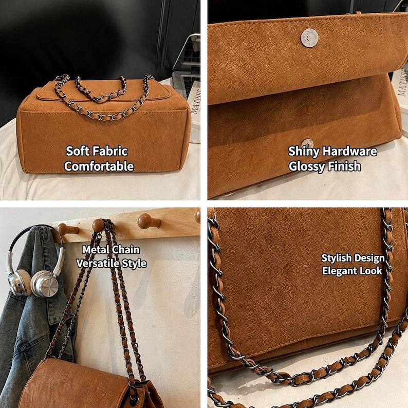 May include: A tan shoulder bag with a soft fabric texture, featuring a dark metal chain strap woven with matching tan material. The bag includes a magnetic snap closure with shiny hardware and a flap top design, shown in multiple views.