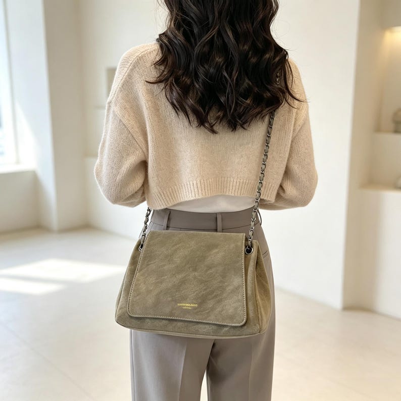 May include: A sage green suede shoulder bag with a fold-over flap, gold-tone hardware, and a thin metal chain strap. The bag features a small gold logo plate on the front flap and is worn over a beige knit sweater and grey trousers.
