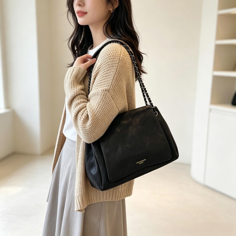 May include: A black leather shoulder bag featuring a rectangular flap, a gold-toned metal logo plate, and a dual-chain strap interwoven with black leather. The bag has a structured silhouette with visible stitching along the edges and a smooth finish.