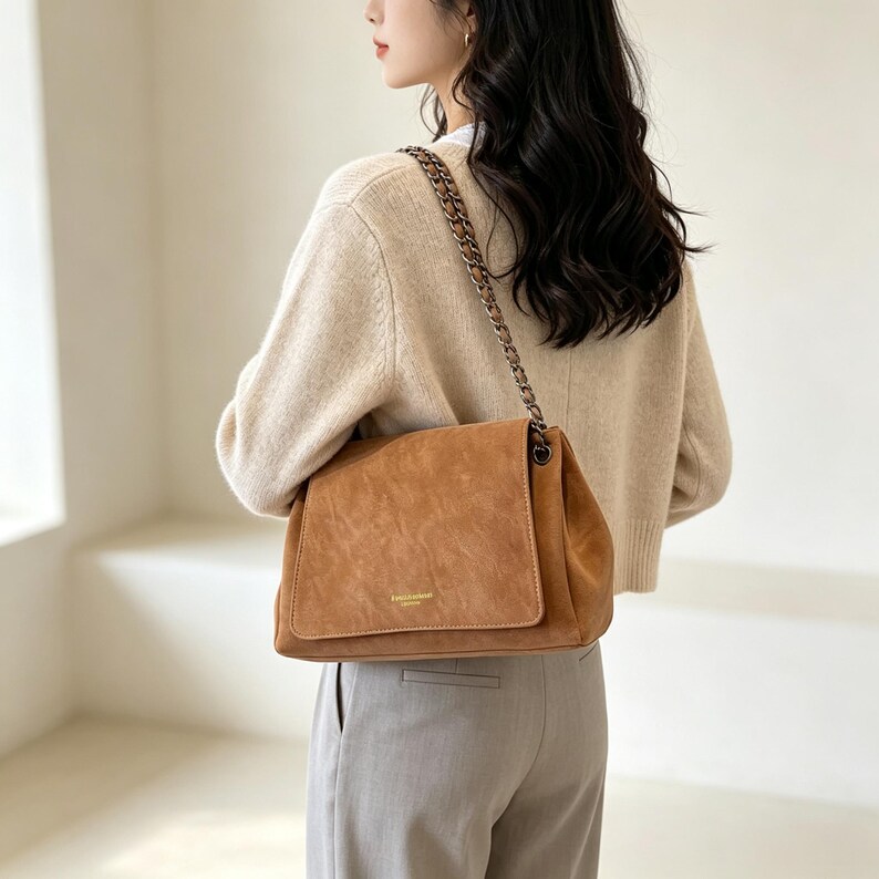 May include: A tan suede shoulder bag with a fold-over flap and a dark metal chain strap. The bag features a small rectangular gold-toned logo plate on the front flap. The material has a soft, matte texture and the bag is worn over the shoulder.