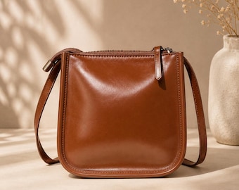 Genuine Leather Crossbody Bag for Women, Minimalist Zipper Shoulder Purse, Small Leather Messenger Bag, Everyday Compact Handbag