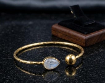 Handmade Brass Cuff Bracelet with Pear Moonstone – Boho Celestial Jewelry
