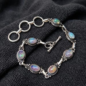 Rainbow Opal Bracelet Sterling Silver Link Bracelet Vintage Style Fire Opal Bangle Witchy Halloween Jewelry Celestial Gift for Her Boho