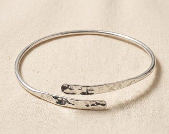Hammered Silver Cuff Bracelet, Sterling Silver Bypass Bangle, Minimalist Adjustable Bracelet, Halloween Gothic Jewelry, Simple Gift for Her