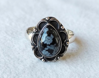 Sterling Silver Snowflake Obsidian Ring, Teardrop Statement Ring, Gothic Witchy Jewelry, Boho Scalloped Pear Shaped Gemstone Ring, Gift