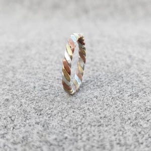 May include: A tri-color metal ring featuring a twisted rope design. The band is constructed from three distinct strands of metal in silver, gold, and copper tones, woven together to create a continuous, textured, and circular jewelry piece.