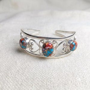 Boho Turquoise Copper Silver Cuff Bracelet Heart Scroll Filigree Bangle, Gothic Witchy Gemstone Bangle, Halloween Jewelry Gift for Her