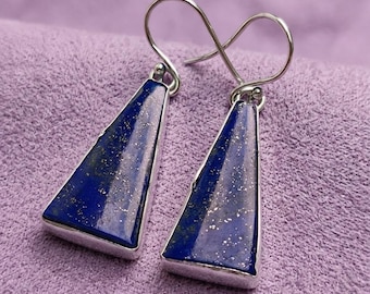 Lapis Lazuli Earrings Sterling Silver, Triangle Dangle Earrings, Deep Blue Stone Drops, Halloween Witchy Jewelry, Geometric Gift for Her