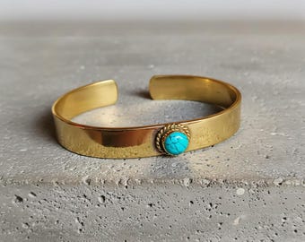 Turquoise Brass Cuff Bracelet, Boho Stone Bangle, Southwestern Statement Jewelry, Minimalist Flat Band Bracelet, Birthday Gift for Her
