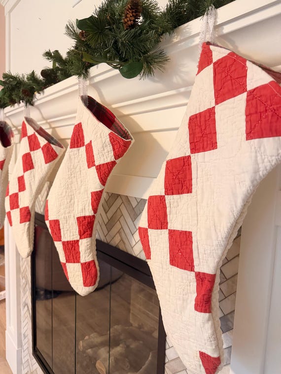 Heirloom Christmas Stockings from early 1900s vintage quilt - nostalgic Christmas, price per stocking, red and white Christmas decor