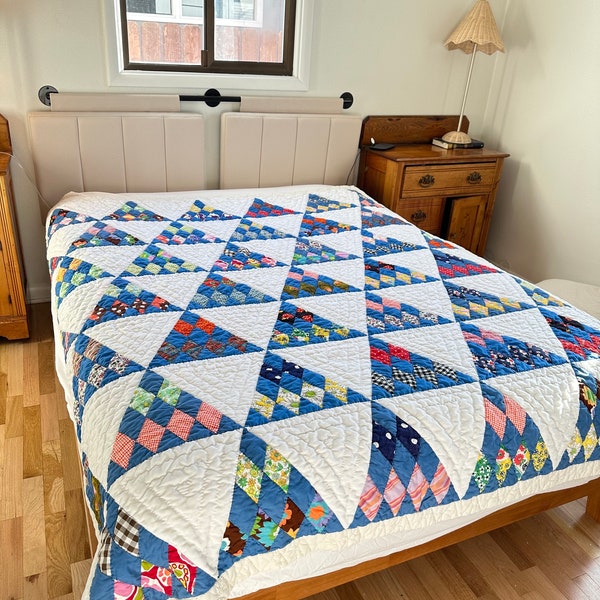 Vintage Handstitched Blue Triangle Quilt  | comforter quilt | hand quilted, bed or throw quilt | cutter quilt , unique and vibrant