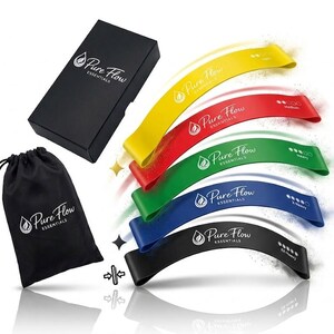 May include: A set of five resistance bands in yellow, red, green, blue, and black, each labeled Pure Flow Essentials. Includes a black storage box and a black drawstring bag, both featuring the white Pure Flow Essentials logo and a water drop icon.