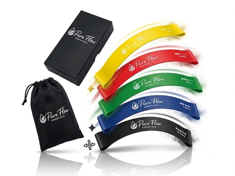 May include: A set of five resistance bands in yellow, red, green, blue, and black, each labeled Pure Flow Essentials. Includes a black storage box and a black drawstring bag, both featuring the white Pure Flow Essentials logo and a water drop icon.