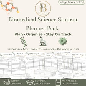 Peut inclure: Un pack de planification pour étudiants en sciences biomédicales en PDF imprimable de 7 pages avec logo, microscope, brin d'ADN et icône de virus. Inclut des modèles pour le semestre, les modules, le planning hebdomadaire et les révisions.