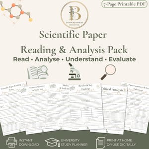 Puede incluir: Un paquete de lectura y análisis de artículos científicos en PDF imprimible de 7 páginas, con el logotipo de Bloom & Barakah, un microscopio y una lupa. Las páginas incluyen secciones para notas de lectura, preguntas de investigación y análisis.
