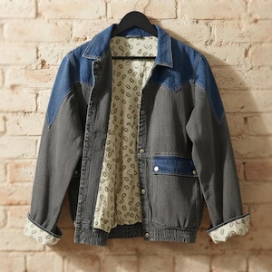 May include: A denim jacket featuring a two-tone design with dark blue shoulders and charcoal gray body panels. The jacket has a button-front closure, two front pockets with flaps, and a cream-colored interior lining with a repeating dark oval pattern.
