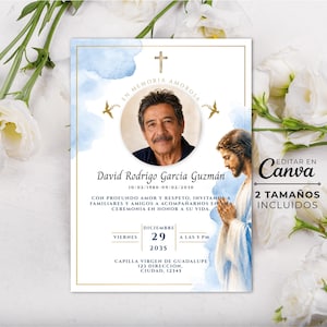 May include: A funeral invitation card featuring a circular portrait of a man, a gold cross, and a watercolour illustration of Jesus. The text includes the name David Rodrigo Garcia Guzman, dates, and event details. The design has blue watercolour accents.