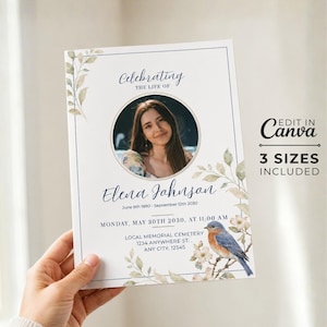 Könnte beinhalten: Eine Vorlage für ein Trauerprogramm mit einem kreisförmigen Fotorahmen, Aquarellblatt-Illustrationen und einem blauen Vogel auf einem Ast. Der Text lautet Celebrating the Life of Elena Johnson, 8. Juni 1980-12. September 2030, Montag, 30. Mai 2030.
