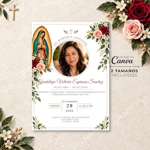 May include: A memorial service invitation card featuring a circular portrait of a woman, an illustration of the Virgin of Guadalupe, and red and pink roses. The text includes the name Guadalupe Victoria Espinosa Sanchez and event details.