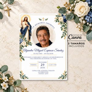 May include: A memorial service invitation card featuring a circular portrait of a man, an illustration of Jesus, and floral accents in blue and white. The text includes the name Alejandro Miguel Espinosa Sánchez, dates, and event details.