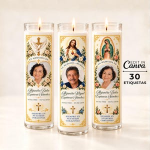 May include: Three cylindrical glass prayer candles with lit wicks. Each features a central portrait of a person, religious imagery including a dove, Jesus, or the Virgin Mary, floral borders, and text reading EN MEMORIA DE and SIEMPRE EN NUESTROS CORAZONES.