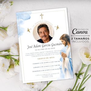 May include: A memorial service invitation card featuring a circular portrait of a man, a gold cross, and an illustration of Jesus. The text includes the name José Adam Garcia Guzmán, dates, and service details, with blue watercolour accents.