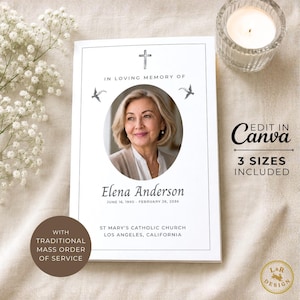 Puede incluir: Una plantilla blanca para programa funerario con una fotografía ovalada central de una persona, un icono de cruz y dos pájaros volando. El texto dice IN LOVING MEMORY OF, ELENA ANDERSON, JUNE 16, 1990 - FEBRUARY 26, 2036, y ST MARY'S CATHOLIC CHURCH.