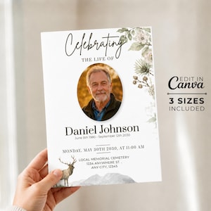 May include: A white memorial service programme card featuring the text Celebrating THE LIFE OF, a circular photograph of a man, the name Daniel Johnson, dates, event details, a deer illustration, and botanical accents on the right side.