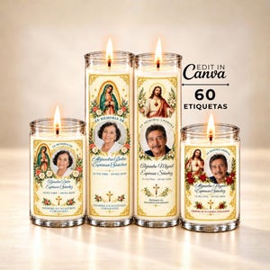 May include: Four clear glass pillar candles with lit flames, featuring personalized memorial labels with religious imagery, floral borders, names, dates, and the text "EN MEMORIA DE" or "EN MEMORIA AMOROSA" and "SIEMPRE EN NUESTROS CORAZONES".