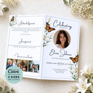 May include: A folded funeral program template featuring white lilies and monarch butterflies. The front displays a circular photo of Elena Johnson, dates, and service details. The inside includes an acknowledgement section and four small family photos.