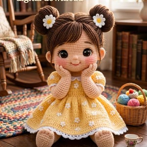 May include: A handmade crochet doll with brown hair styled in two buns, each adorned with a white daisy. The doll wears a yellow dress with a white daisy pattern and a white scalloped hem. Text reads: crochet pattern & digital download.