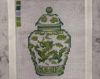 Hand painted green ginger jar, needlepoint canvas