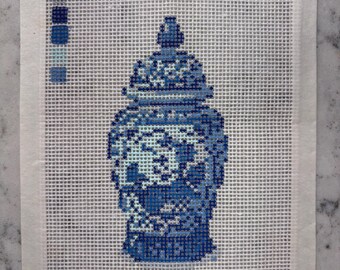 Hand painted blue ginger jar, needlepoint canvas