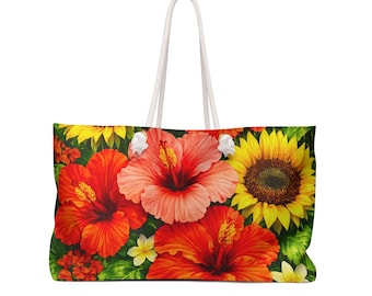 Tropical Hibiscus & Sunflower Weekender | Floral Beach Tote