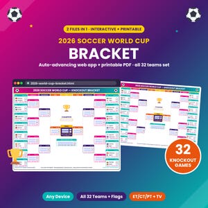 2026 Soccer World Cup Bracket | Interactive Web App + Printable PDF Knockout Chart | All 32 Teams, Flags, TV Times | Score Tracker