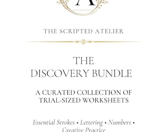 May include: A white document titled The Discovery Bundle by The Scripted Atelier. It features a gold circular logo with the letters SA, followed by the text: A curated collection of trial-sized worksheets. Essential Strokes, Lettering, Numbers, Creative Practice.