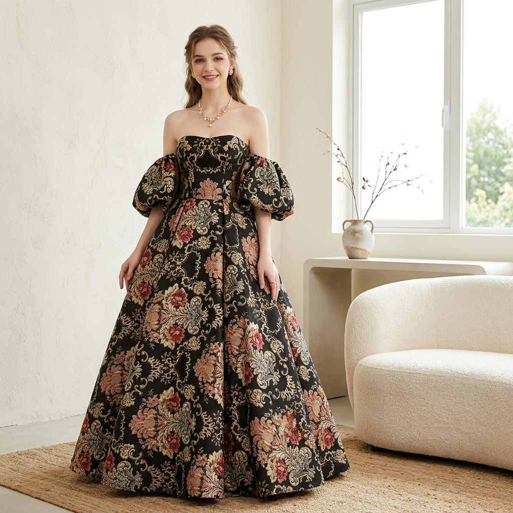 jacquard formal dress with sleeves Long Evening C14