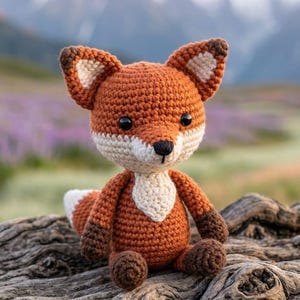 Könnte beinhalten: Ein gehäkeltes Fuchskuscheltier mit leuchtend orangefarbenem Körper, weißem Brustfleck und weißer Schnauze. Der Fuchs hat dunkelbraune Ohren, Pfoten und eine Schwanzspitze, kleine schwarze Kunststoffaugen und eine schwarz gestickte Nase.