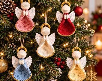 May include: Five crocheted angel ornaments hanging from strings. Each angel features a round cream head, a gold halo, white wings, and a dress in either pink, red, cream, light blue, or pale yellow. The figures have small hands joined together.