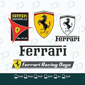 Puede incluir: Una colección de logotipos de Ferrari que incluye el emblema de Ferrari World Abu Dhabi, el escudo amarillo clásico con un caballo negro encabritado, un escudo en blanco y negro, la marca denominativa Ferrari y un gráfico de Ferrari Racing Days.