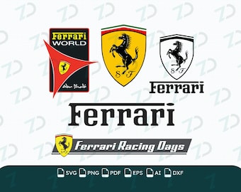 May include: A collection of Ferrari logos including the Ferrari World Abu Dhabi emblem, the classic yellow shield with a black prancing horse, a black and white shield, the Ferrari wordmark, and a Ferrari Racing Days graphic with file formats.