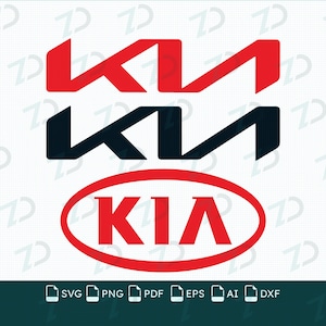 May include: A digital graphic file set featuring the Kia logo in three variations: a red stylised text logo, a black stylised text logo, and a red oval emblem containing the text KIA. The bottom includes file format icons for SVG, PNG, PDF, EPS, AI, and DXF.
