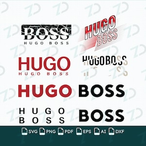 Puede incluir: Una colección de diseños de logotipos de Hugo Boss en varios estilos, incluyendo texto en negro y rojo, letras en bloque y fuentes estilizadas. La imagen muestra múltiples variaciones del nombre de la marca, con las palabras BOSS y HUGO BOSS en diferentes diseños.