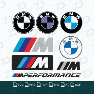 Peut inclure: Une collection de fichiers graphiques numériques comprenant trois logos circulaires BMW en noir, blanc et bleu, deux emblèmes de série M avec des bandes bleues, rouges et blanches, et le texte M PERFORMANCE avec un accent rayé bleu et rouge.