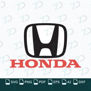 Może przedstawiać: Czarne logo Honda przedstawiające stylizowany emblemat H w zaokrąglonej kwadratowej ramce, umieszczone nad czerwonym napisem HONDA. Pod tekstem znajduje się ciemny poziomy pasek z białymi ikonami i etykietami formatów plików SVG, PNG, PDF, EPS, AI oraz DXF.