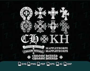 Puede incluir: Una colección de diseños gráficos blancos sobre fondo negro que presenta varios símbolos de cruz, el texto CH, KH, CHROME HEARTS y MAPPLETHORPE en letras de estilo gótico, junto con logotipos circulares e iconos de cruz para archivos digitales.