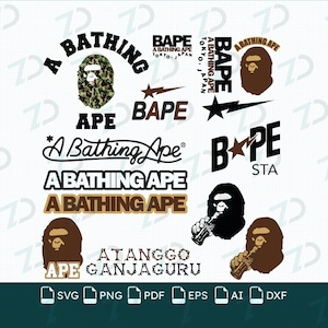 May include: A collection of digital graphic designs featuring the A Bathing Ape logo, including various monkey head icons in camouflage and solid brown, text logos, star symbols, and illustrations of a monkey holding a bottle, with file format icons.