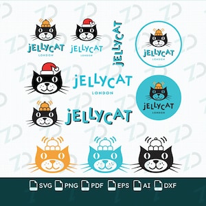 May include: A collection of Jellycat London logo graphics featuring black, orange, and blue cat faces with bells on their heads, some wearing Santa hats, alongside the text Jellycat London in various styles and circular blue background icons.